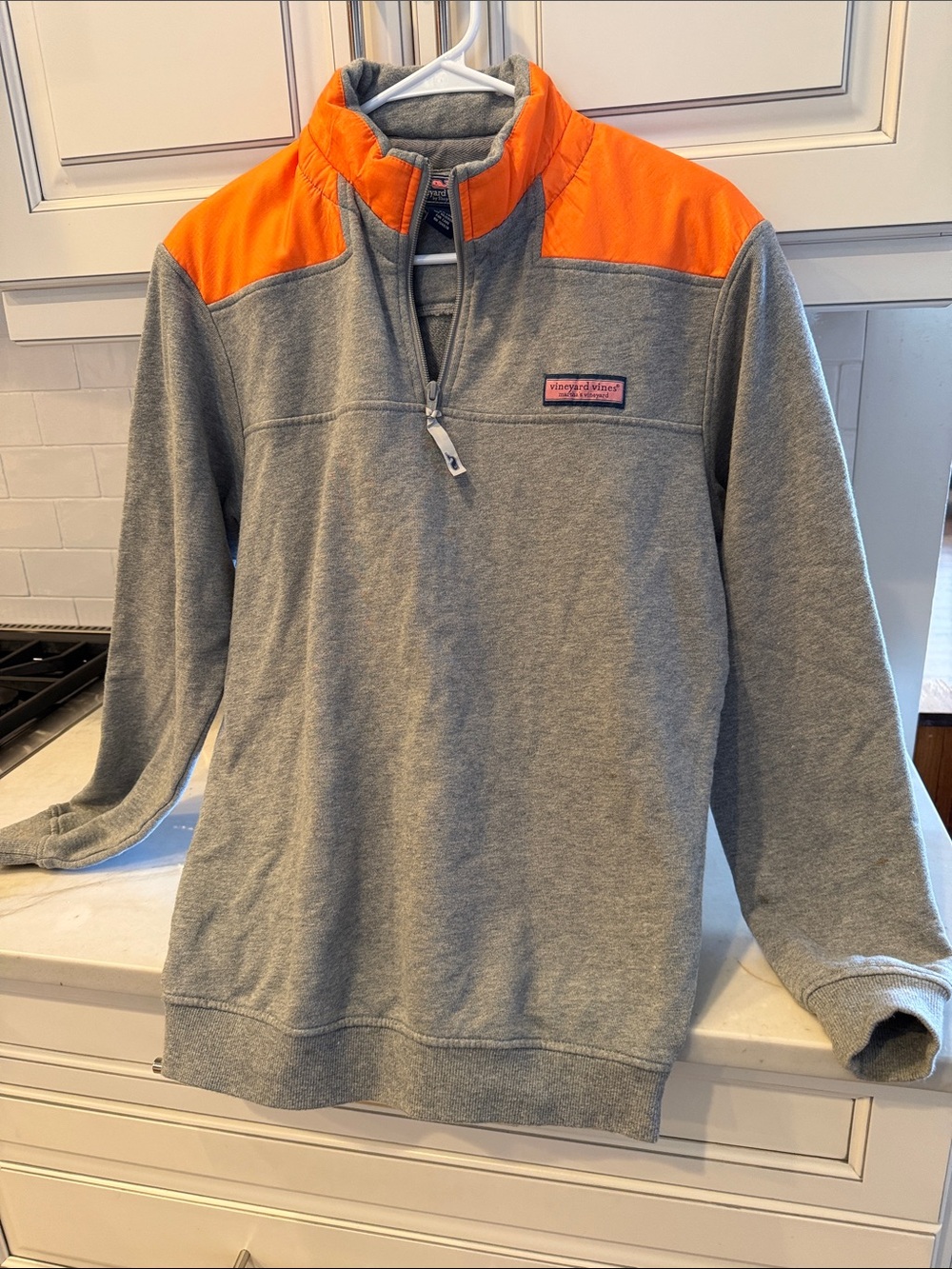 Vineyard Vines Gray Pullover with Bright Orange Shoulders